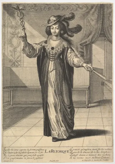 Rhetoric: a young woman standing in a decorated interior with a caduceus in her right hand and a closed fan in her left hand, from "The liberal arts" (Les arts liberaux)