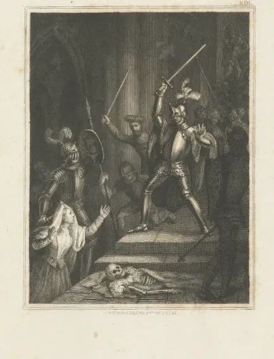 Ridders vechten in de grafkelder van een kerk