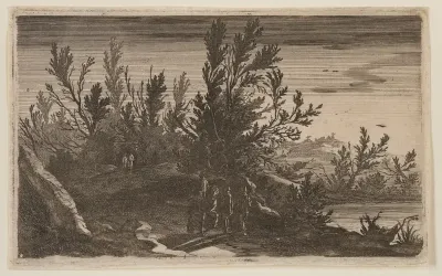Riders on a Wooded Path to Left of Pond, from Six Landscapes