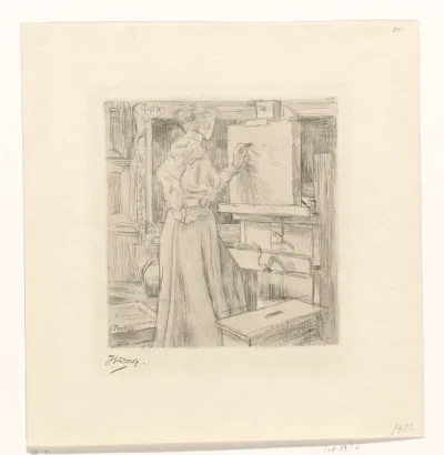 Riet van Houten tekent op een lithografische steen in een atelier