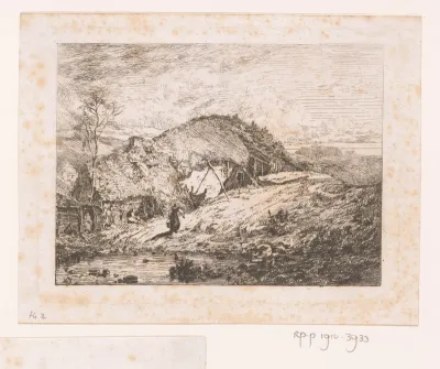 Rietgedekte boerderij in een landschap