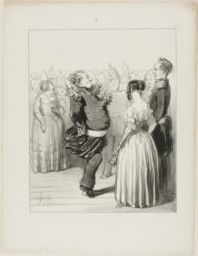 Rifolard opens the ball and executes a bold dancing step forward, which receives widespread praise, plate 5 from Les Banqueteurs
