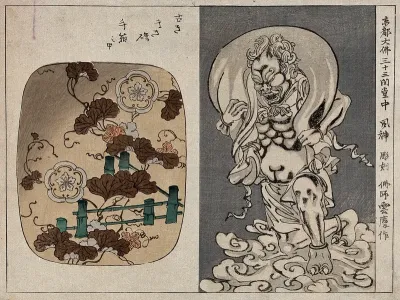 Right, Fūjin, the Japanese wind-god; left, leaves in autumn