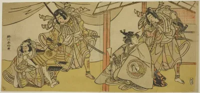 Right-Hand Page: The Actors Bando Hikosaburo III as Soga no Goro (right), and Segawa Kikunojo IV as Onna Asahina (left), in the Play Ume-goyomi Akebono Soga; Left-hand Sheet: The Actors Onoe Matsusuke I as Furugori Shinzaemon (left), and Ichikawa Dan