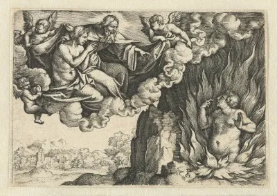 Rijke man in de hel en Lazarus in de hemel bij  Abraham
