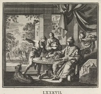 Rijke man telt muntstukken aan een tafel