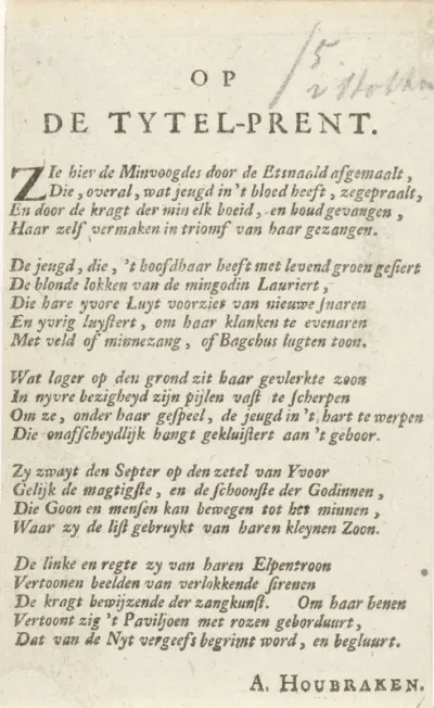 Rijm op de titelprent voor: Minnezangen kusjes drinkliederen, 1710