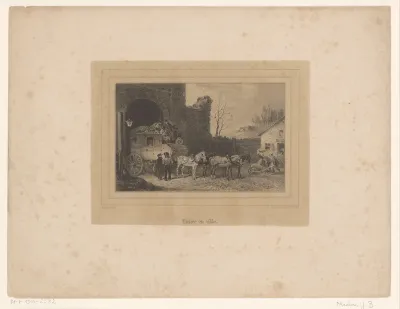 Rijtuig rijdt via een poort een stad binnen