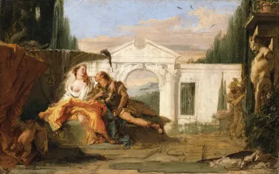 Rinaldo and Armida in Armida's magic garden, eavesdropped by Carlo and Ubaldo