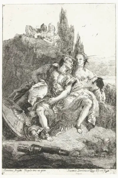 Rinaldo en Armida als liefdespaar aangetroffen bij een meer door twee ridders