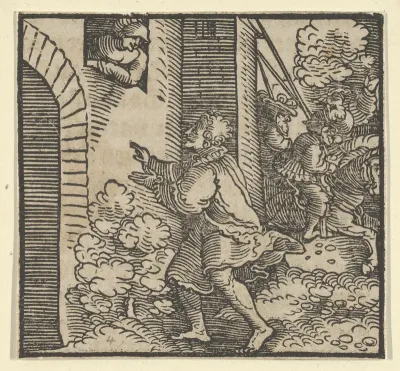 Rinaldo Robbed, Standing in front of the Widow's House, from The Decameron