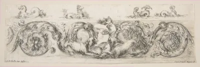 Rinceaux with Child Frightened by Dogs, plate 8 from "Decorative friezes and foliage" (Ornamenti di fregi e fogliami)