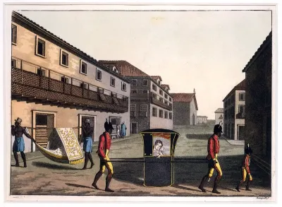 Rio de Janeiro, Brazil: a European woman being carried in a sedan chair by two native men in uniform