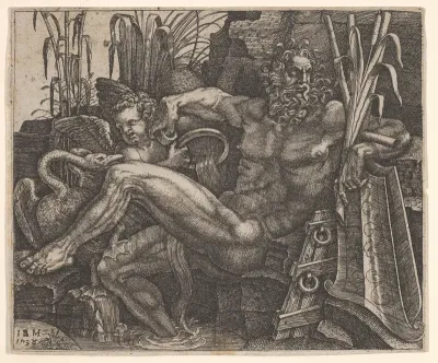 River God Po reclining on a rocky bank, a winged putto and long-necked water bird stand behind his legs