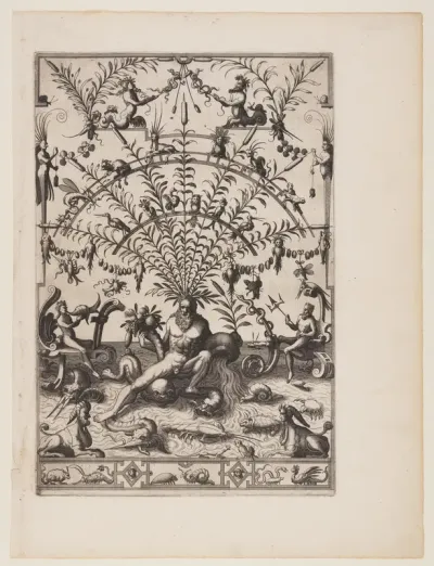 River God with Cornucopia and Stone Jar, from Veelderleij niewe inventien...