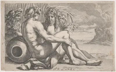River gods reclining before a seascape