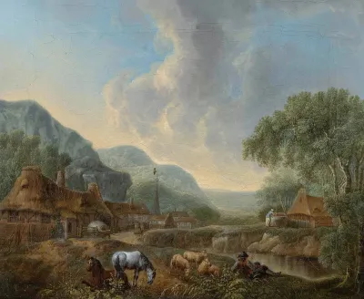 River landscape with resting animals and figural staffage
