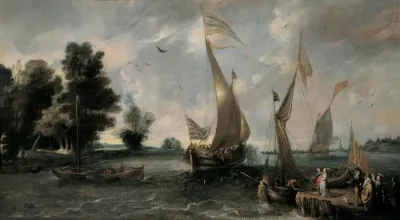River view with boats, a pier and figures