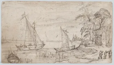 Riverscape with Two Sailboats and Several Figures; verso: A Mountainous Landscape near a River with a Horse-Drawn Barge and Several Figures