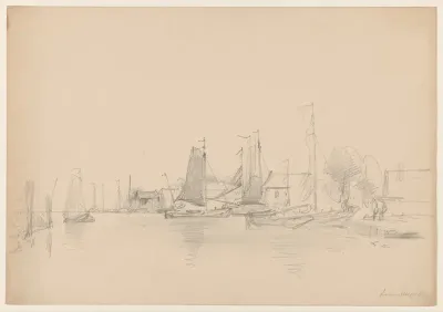 Rivier met schepen bij een bebouwde oever