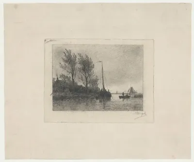 Rivier met schuit en roeiboten