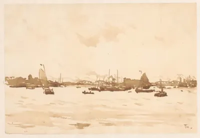 Rivier met zeilschepen en spoorbrug