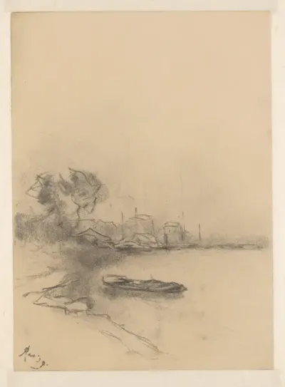 Rivierbocht, in de verte huizen