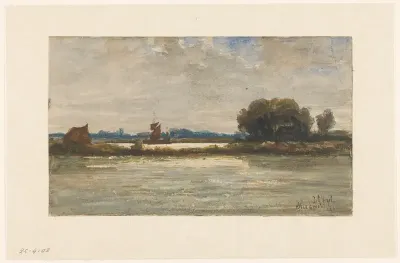 Riviergezicht bij Sliedrecht met zeilschip