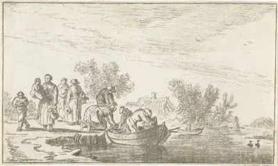 Riviergezicht met aangemeerde roeiboot