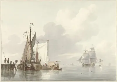Riviergezicht met afgemeerde schepen