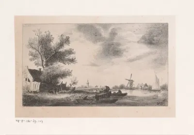 Riviergezicht met boten en windmolen