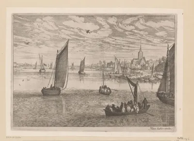 Riviergezicht met boten, rechts een kerk