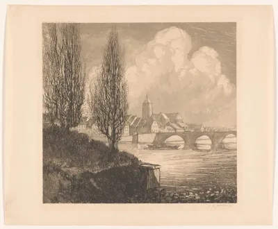 Riviergezicht met brug en kerk