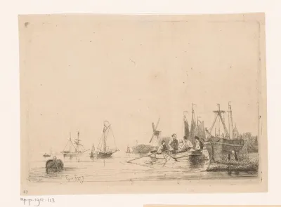 Riviergezicht met drijvende ton, een roeiboot en zeilboten