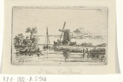 Riviergezicht met een roeiboot en molen