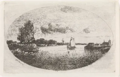 Riviergezicht met een zeilschip