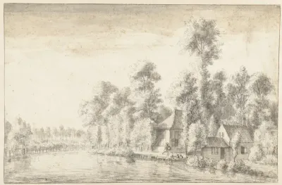 Riviergezicht met enkele huizen