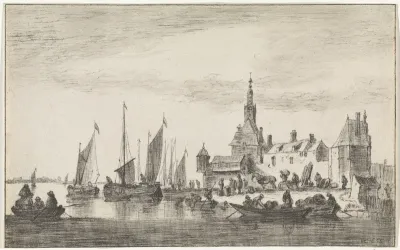 Riviergezicht met handelaren aan een oever bij huizen