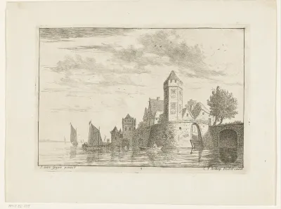 Riviergezicht met kasteel op oever