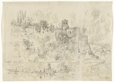 Riviergezicht met klassieke bebouwing op de oevers (te Rome?)