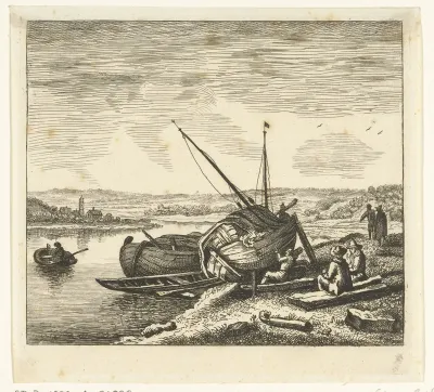 Riviergezicht met man die een boot kalefatert