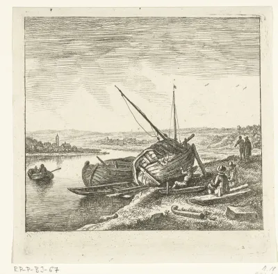 Riviergezicht met man die een boot kalefatert