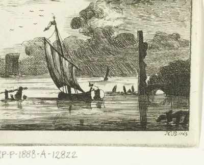 Riviergezicht met man in zeilboot en donkere wolkenlucht