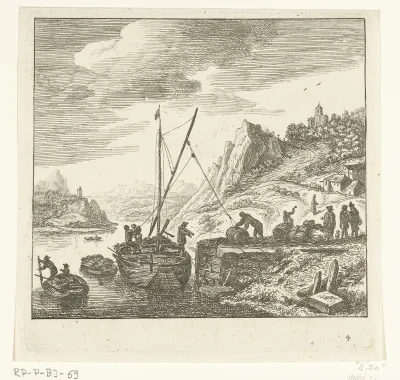 Riviergezicht met mannen die vaten op een zeilschip laden