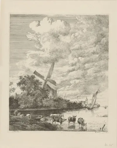 Riviergezicht met molen en koeien in het water