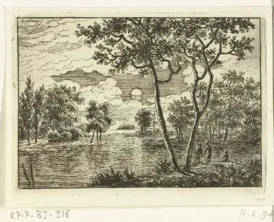 Riviergezicht met ondergaande zon
