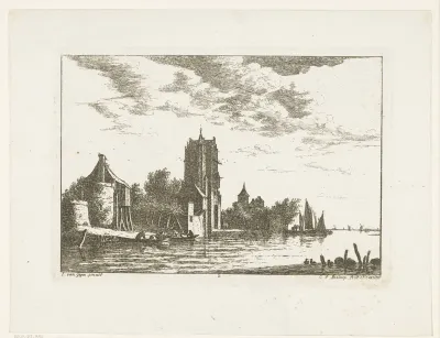 Riviergezicht met poortgebouw en kerk op oever