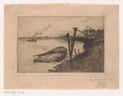 Riviergezicht met schuit en pier