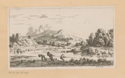 Riviergezicht met vissers en herders met vee