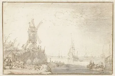 Riviergezicht met windmolen